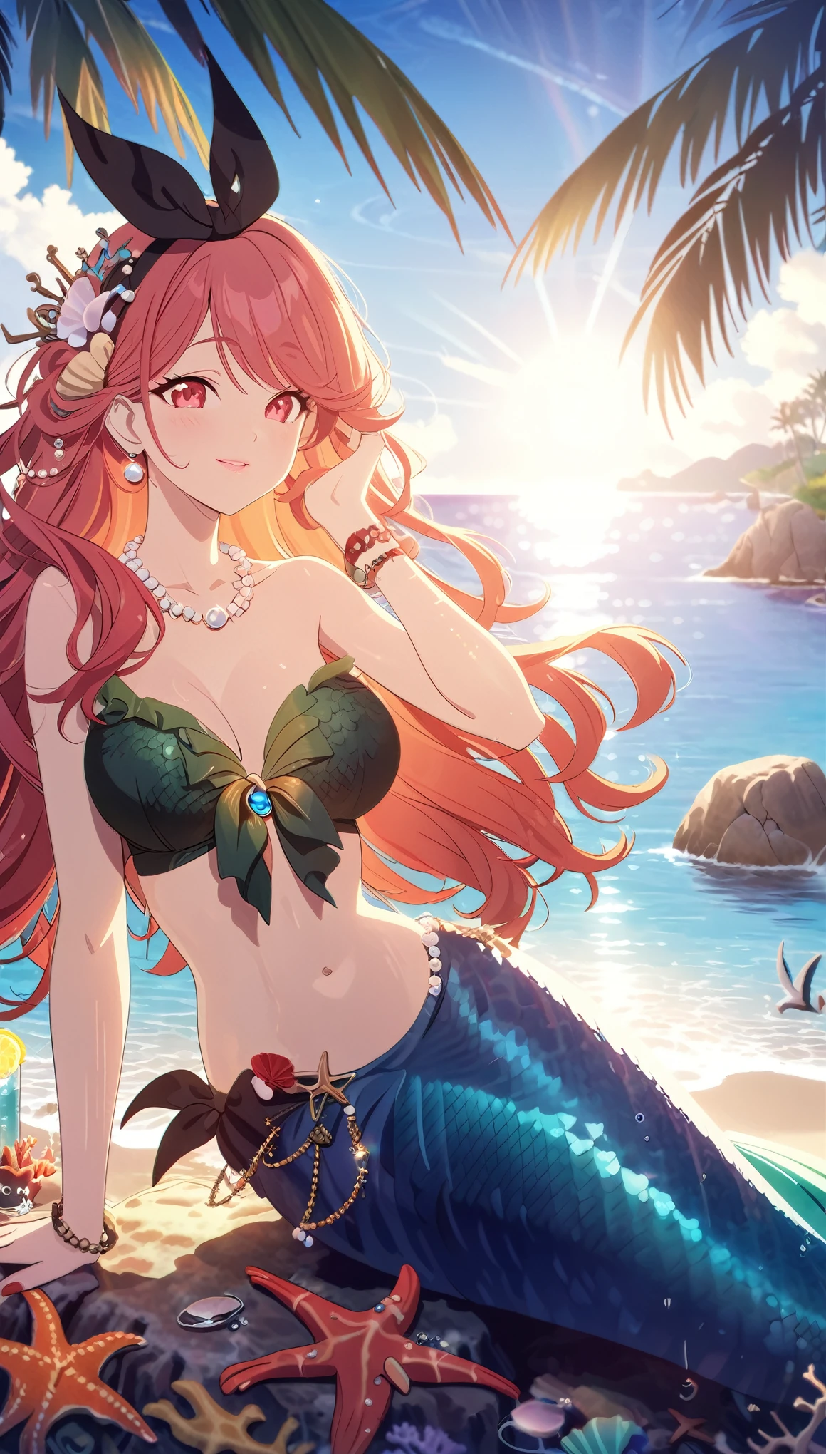 (best quality,4k,8k,highres,masterpiece:1.2),ultra-detailed,age girl gets magically transformed into a cute mermaid, fantasy transformation,red-eyed,beautiful detailed eyes,spiky long ginger hair,happiness,cute mermaid, long and detailed mermaid tail with shimmering green scales, green seashells bra decorated with pearls,pair of fish gills on her torso, red and black ribbon headband, starfish hair clips, pearl hair ornaments, pearl earrings and bracelets, pearl necklace, red manicured nails, eye-catching accessories,beautifully detailed lips, sitting on a rock, sandy beach, new beautiful body,she’s smiling,embracing her new life has a mermaid, brushing her hair, ocean waves,sparkling water,coconut trees,seagulls,coral reef,vibrant colors,magical glow,shimmering scales,sea breeze,warm sunlight,joyful expression,island paradise,lush tropical plants,dynamic composition,soft and smooth lines,expressive facial features,gentle water reflections,serene atmosphere, Highly detailed, masterpiece, high quality, 4K
