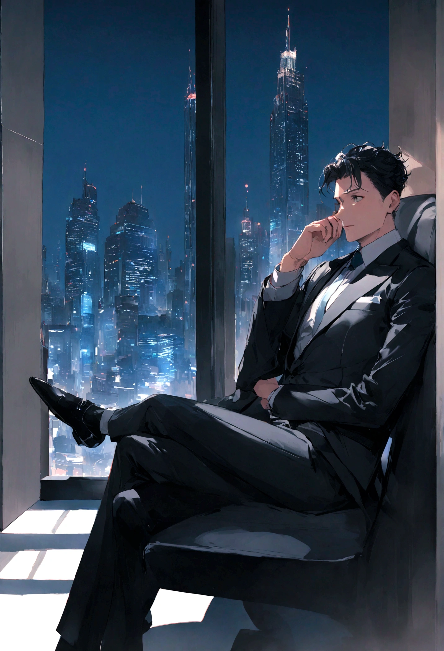 Ein stilvoller und kultivierter braunhaariger Mann, who walks confidently through a busy city in an elegant black suit. banking financial professional employee sitting in a modern corporate headoffice wearing a nice suit