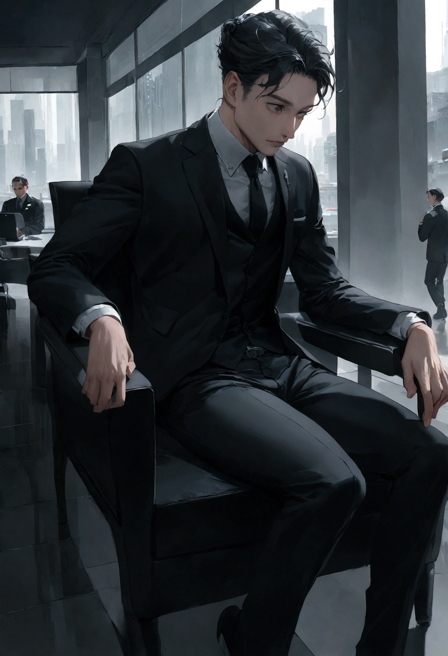 Ein stilvoller und kultivierter braunhaariger Mann, who walks confidently through a busy city in an elegant black suit. banking financial professional employee sitting in a modern corporate headoffice wearing a nice suit