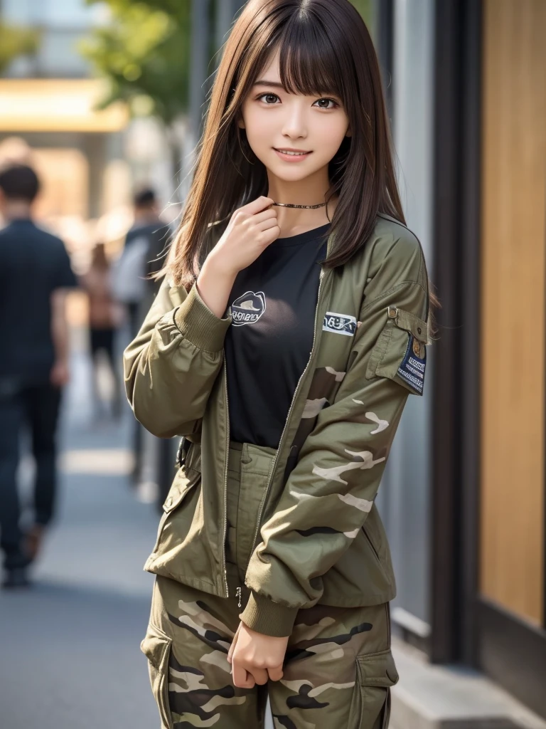 (8k, RAW Photos, highest quality, masterpiece:1.2), (Realistic, photo-Realistic:1.4), (Highly detailed 8k wallpaper), ((Full Body Shot)), (1 girl), Sharp focus, Depth of written boundary, Cinematic lighting, Soft Light, 緻密な美しさのeye, eye_Chan, Very beautiful 17 year old girl, innocent big eyes, Realistic, photo Realistic, Highly detailed cute girl, (Thin thighs), (Model Body Type), 18-year-old, (Khaki MA-1 flight jacket), (Black T-shirt), (Camouflage cargo long pants), (((Fold your arms in front of your chest and act arrogantly))), ((A happy smile)), Parted lips, Watching the audience, (On the streets of Tokyo) , (Brown Hair),（Long Bob Hair), (Asymmetrical bangs)