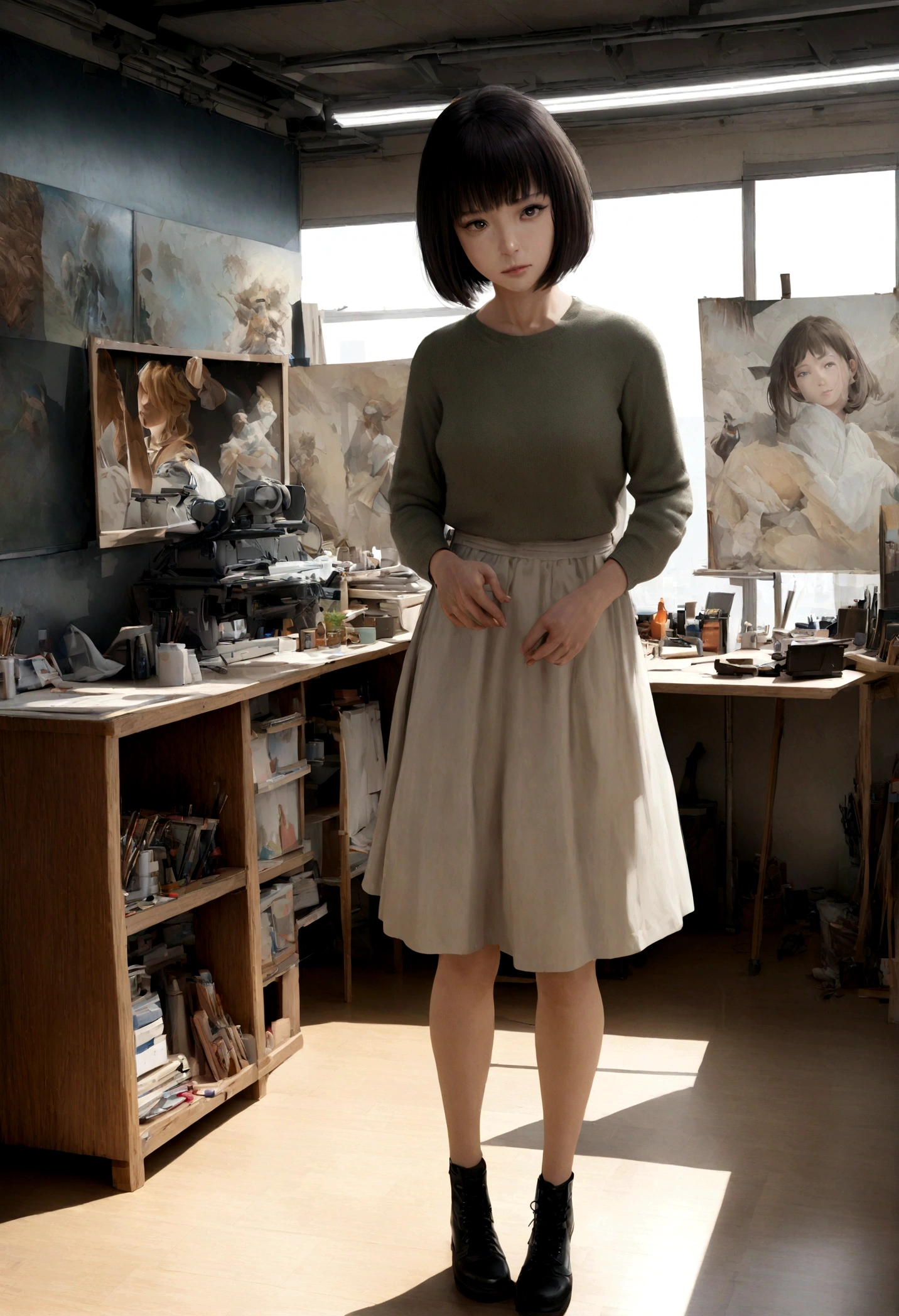 (whole body), (Are standing), A 44-year-old woman looking at the camera, Short Bob Cut Hair, Beautiful face in every detail, Action Shots, Empty office background, Daytime, Photorealistic, CG, Art Station, masterpiece, HD Photos