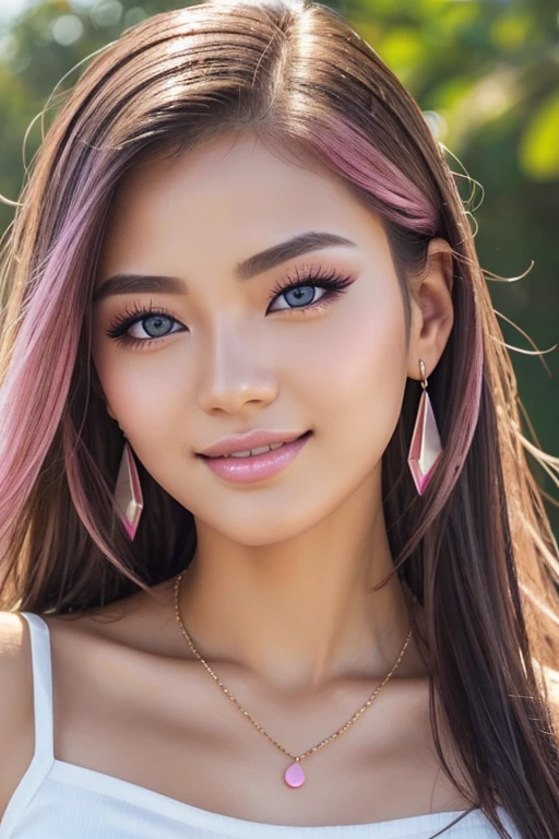 1 girl, Korean model, extremely beautiful, perfect body, tank top, jeans, necklace, earrings, bracelet, masterpiece, 8K, lifelike. Glossy pink lips, pink eyeshadow, eyelashes, blush, cosmetics, bright white skin, detailed pores, shiny skin, shiny skin. Her hair is pink, long and smooth, blowing in the wind ((floating)) under the bright sunlight. Close-up photo of the girl, sharp and highest contrast. Bright smile, pure white teeth, details. Blue eyes, seductive, ((sharp makeup)), realistic, ((wet eyes)), detailed, pink eyeshadow. Two delicate eyelids, perfectly beautiful, detailed, black eyelashes. Eyebrows are curved, sparse, sharp and detailed. Beautiful and perfect face, holy, perfectly proportioned, beautiful in every detail, ((shiny)), high-end cosmetic makeup.