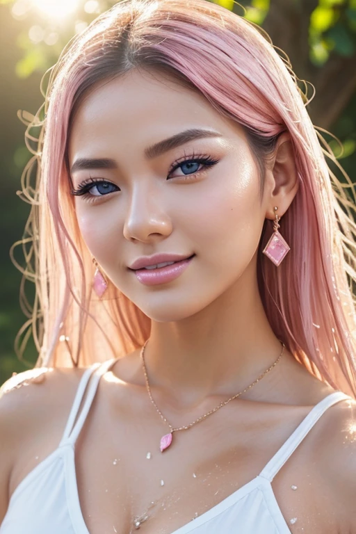 1 girl, Korean model, extremely beautiful, perfect body, tank top, jeans, necklace, earrings, bracelet, masterpiece, 8K, lifelike. Glossy pink lips, pink eyeshadow, eyelashes, blush, cosmetics, bright white skin, detailed pores, shiny skin, shiny skin. Her hair is pink, long and smooth, blowing in the wind ((floating)) under the bright sunlight. Close-up photo of the girl, sharp and highest contrast. Bright smile, pure white teeth, details. Blue eyes, seductive, ((sharp makeup)), realistic, ((wet eyes)), detailed, pink eyeshadow. Two delicate eyelids, perfectly beautiful, detailed, black eyelashes. Eyebrows are curved, sparse, sharp and detailed. Beautiful and perfect face, holy, perfectly proportioned, beautiful in every detail, ((shiny)), high-end cosmetic makeup.