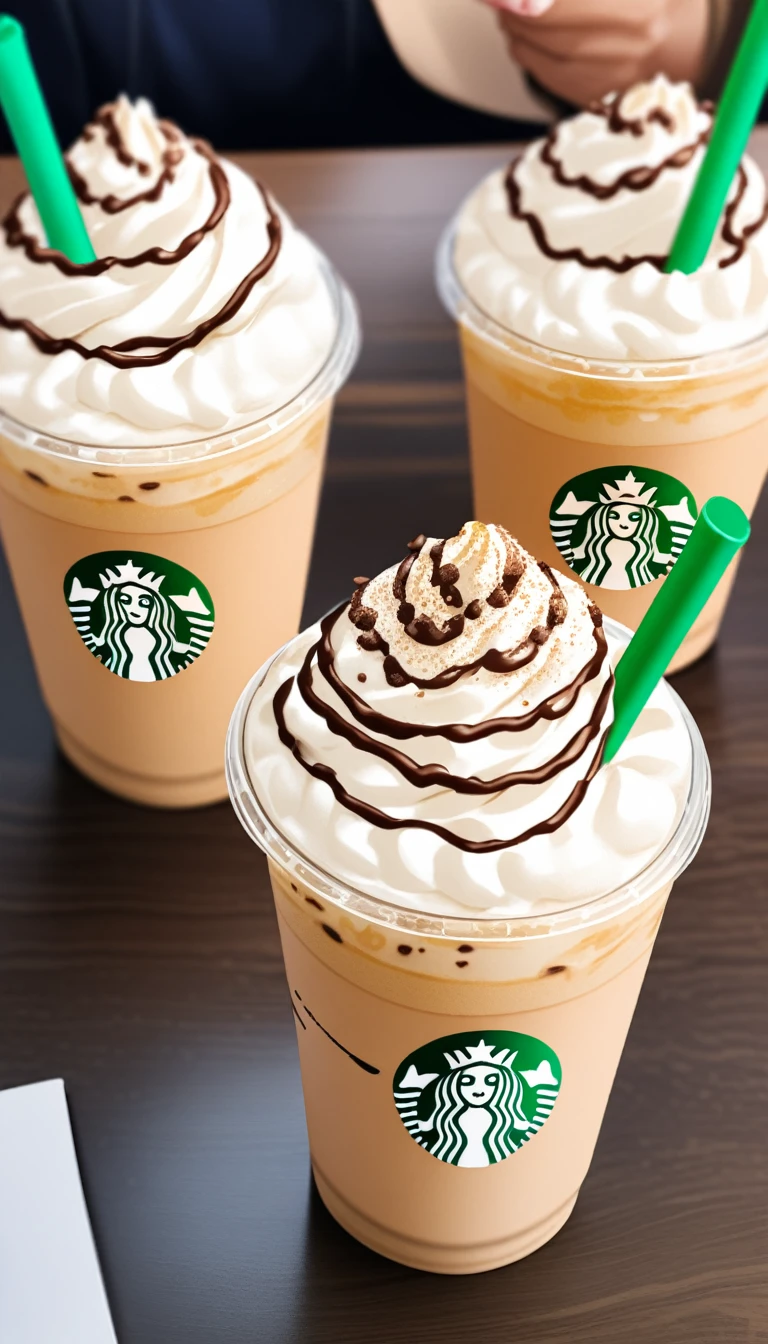 Blond man sitting at a table in a cafe、smile、Upper body close-up、Front facing、Starbucks Frappuccino