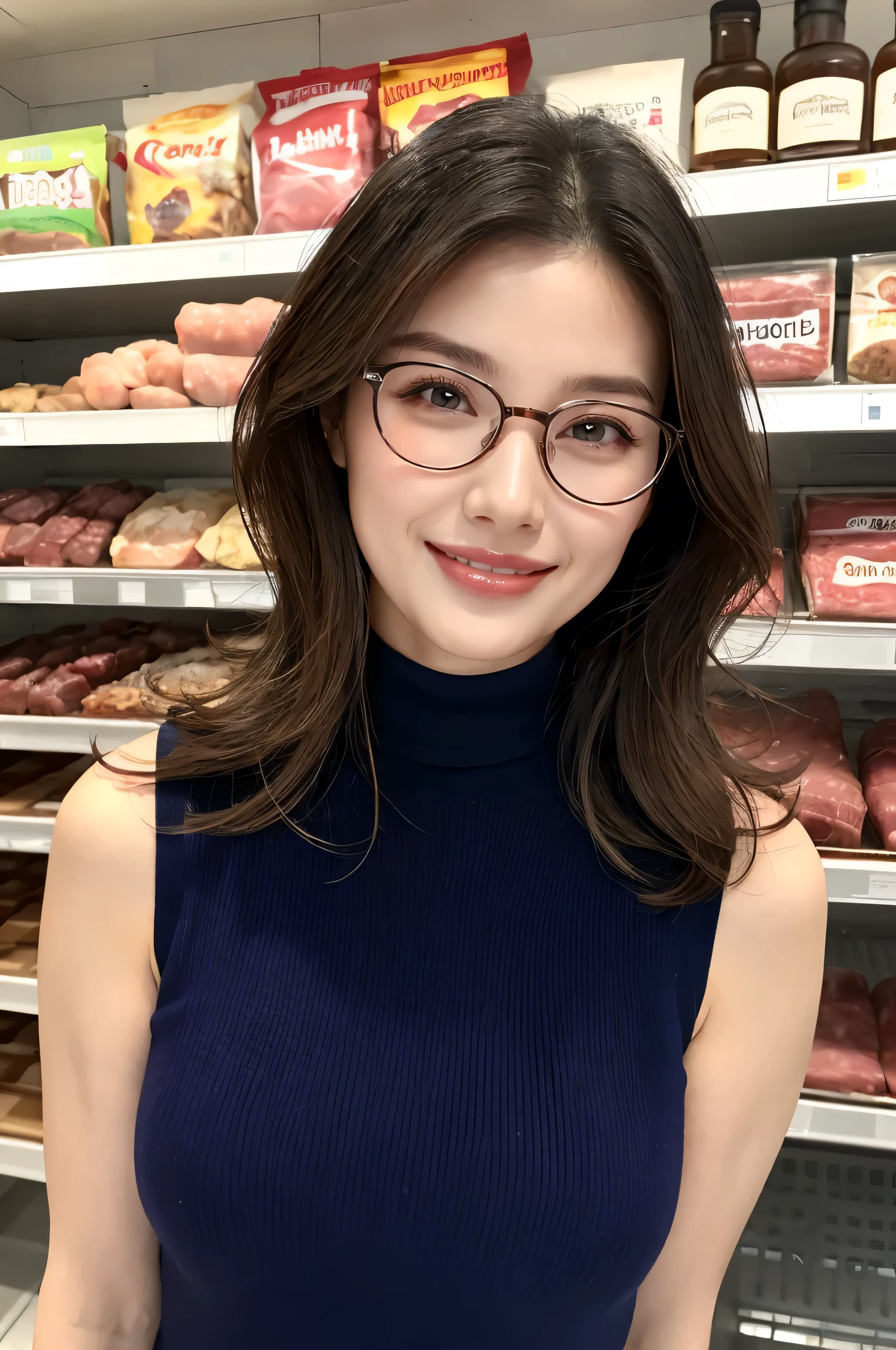 (highest quality、masterpiece、8k、Best image quality、Hyperrealism、Award-winning works)、(1 45 year old mature woman:1.2)、(45 year old mature woman:1.2)、(Wrinkled face:1.1)、(Slender body:1.1)、(Big Breasts:1.2)、The most elegant long wavy hairstyles、(Accentuate your body lines:1.1)、(Elegant sleeveless turtleneck knit:1.2)、(Damaged Denim Shorts:1.1)、(Blurred Background:1.1)、(Standing Elegantly:1.2)、(Meat specialty store:1.1)、(Strongly blurred background:1.2)、The most natural and perfect meat specialty store、Meat is sold in bulk、The most natural interior, Perfectly organized、(Shelves full of meat:1.1)、(There is a lot of meat lined up:1.1)、(Beautiful skin that shines Very brightly:1.4)、(Very bright:1.4)、walk gracefully down the aisle、The best smile he had when he saw me、Upper body photo、Accurate anatomy、Big Breasts、Accentuate your body lines、Perfect Makeup、Long eyelashes、Bright lipstick、Beautiful glossy lips、Ultra-high resolution glossy skin、Ultra-high resolution, Glowing Skin、Ultra-high resolution glossy lips、(Ultra-high resolution beautiful teeth:1.1)、(Elegant round glasses:1.1)