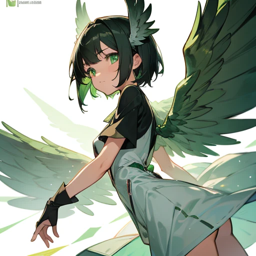 black short haired Anime girl with beautiful green eyes with silver wings