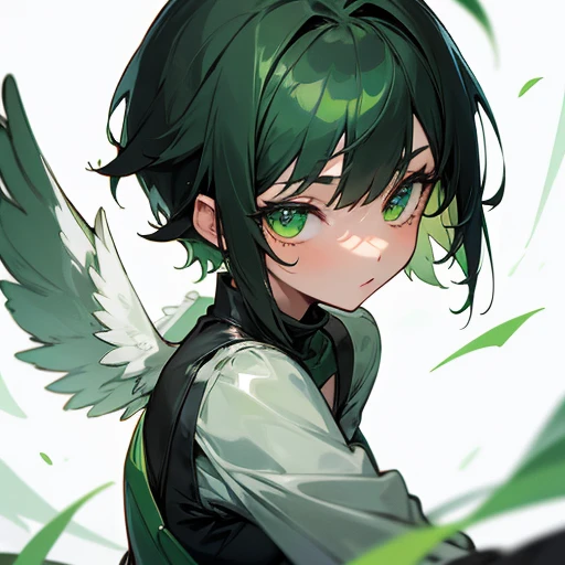 black short haired Anime girl with beautiful green eyes with silver wings