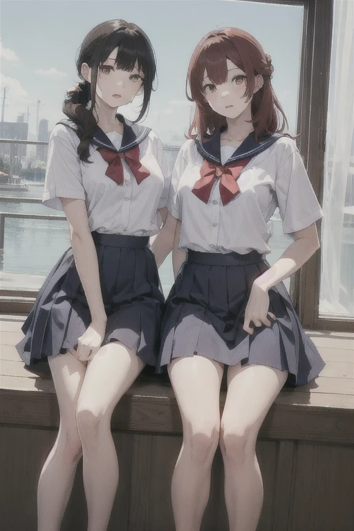 Three Girls, Redhead, Updo, Facial hair stripes, Red eyes, skirt, Sagging under the eyes, Sitting, Impact, 8k, masterpiece,Pants that look like they can be seen、uniform、student、Sailor suit、