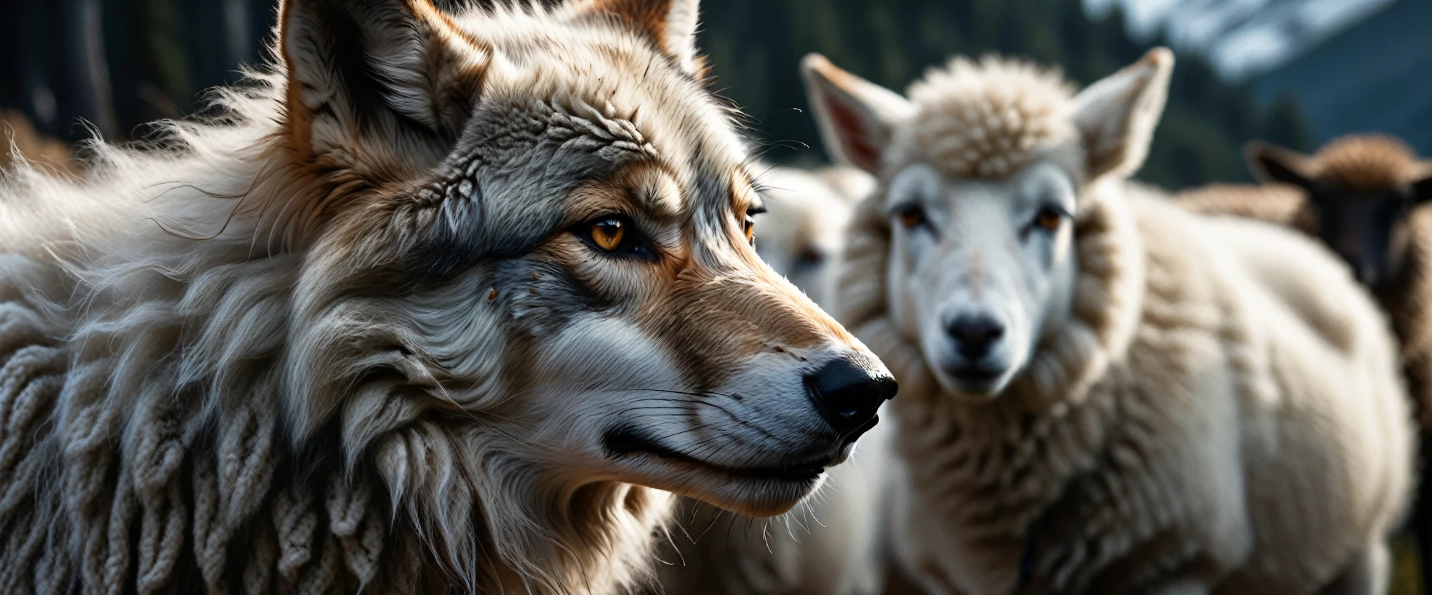 A wolf in sheep's clothing, detailed portrait, realistic, photorealistic, (best quality, 4k, 8k, highres, masterpiece:1.2), ultra-detailed, (realistic, photorealistic, photo-realistic:1.37), digital painting, oil painting, dramatic lighting, moody atmosphere, intense gaze, sharp focus, intricate fur textures, wool fabric textures, hidden predatory nature, cinematic composition
