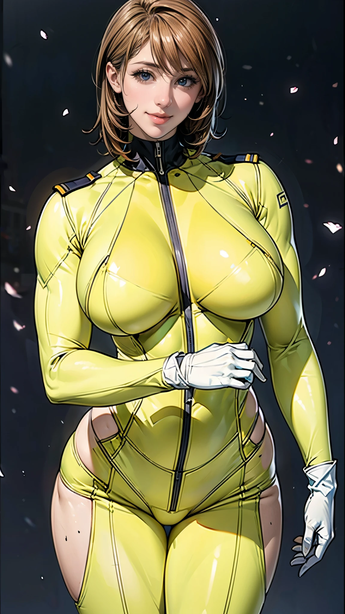 (masterpiece),(highest quality),(Very detailed),(High resolution),(Photorealistic Stick),(Realistic),(8k),wallpaper,Perfect lighting,BREAK(One Woman),((MoriYuki:1.5)),(MoriBodysuit, yellow bodysuit, belt:1.5),(MoriUniform, white gloves, military uniform, brown jacket, ascot, belt:1.5),(22 years old),(((Extremely form fitting bodysuit:1.5))),(((Very detailedなボディスーツの描画:1.5))),(Beautiful Eyes:1.5),(Detailed face drawing:1.5),(Detailed face drawing:1.5),((Very detailedな女性の手:1.5)),(Shiny skin:1.0),(((Very muscular:1.5))),((Big Breasts:1.5)),(Fleshy),(((Thick thighs:1.5))),(Sensual body),(black background:1.5),(((Blur the background:1.5))),leaning forward:1.5),(((Warm-Smile:1.5)))