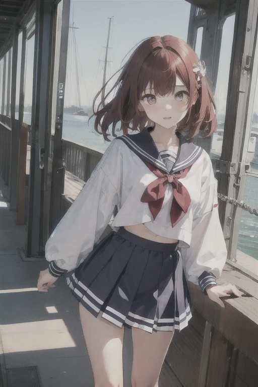 1 girl, Redhead, Facial hair stripes, Red eyes, Impact, RAW Photos, 8k, masterpiece,On the way home、Returning Home、Sailor suit、The skirt is black