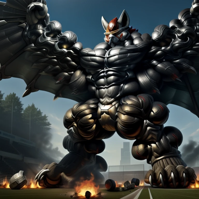 (masterpiece. official art. 8k. best quality. detailed full body. full body.)

(situation 1 : dominating cinderace. cinderace is over 1000 meters long. focus GIANT mechanical Muscular cinderace is trampling the soccer field. Looking down. macro. stomp.)

(situation 2 :smoke and flames rising from the destruction in the soccer field.)

(Additional details 1: Its nanosut emphasizes the muscles. wearing crNanosuit. nanosuit. creating crNanosuit. black visor. wearing a full-face helmet. a fantasy-style biomecha armored combat suit. composite layered chest armor. fully enclosed shoulder guards. hero in anime style. perfect body proportions. golden ratio)

(Additional details 2: (Detailed head. Detailed Body. Detailed abs. gigantic muscles. HYPER MUSCLES. Gigachad Muscular. big muscle. pecs. triceps. traps. unusually developed muscular body. body full of huge muscles. showing off muscles. pectorales enormes. Exaggeratedly huge muscles. huge muscles. long legs.).

(Additional details 3: Spread wings. It has wings. have big wings. black wings. The claws are sharp. Sharp teeth.5 toes).