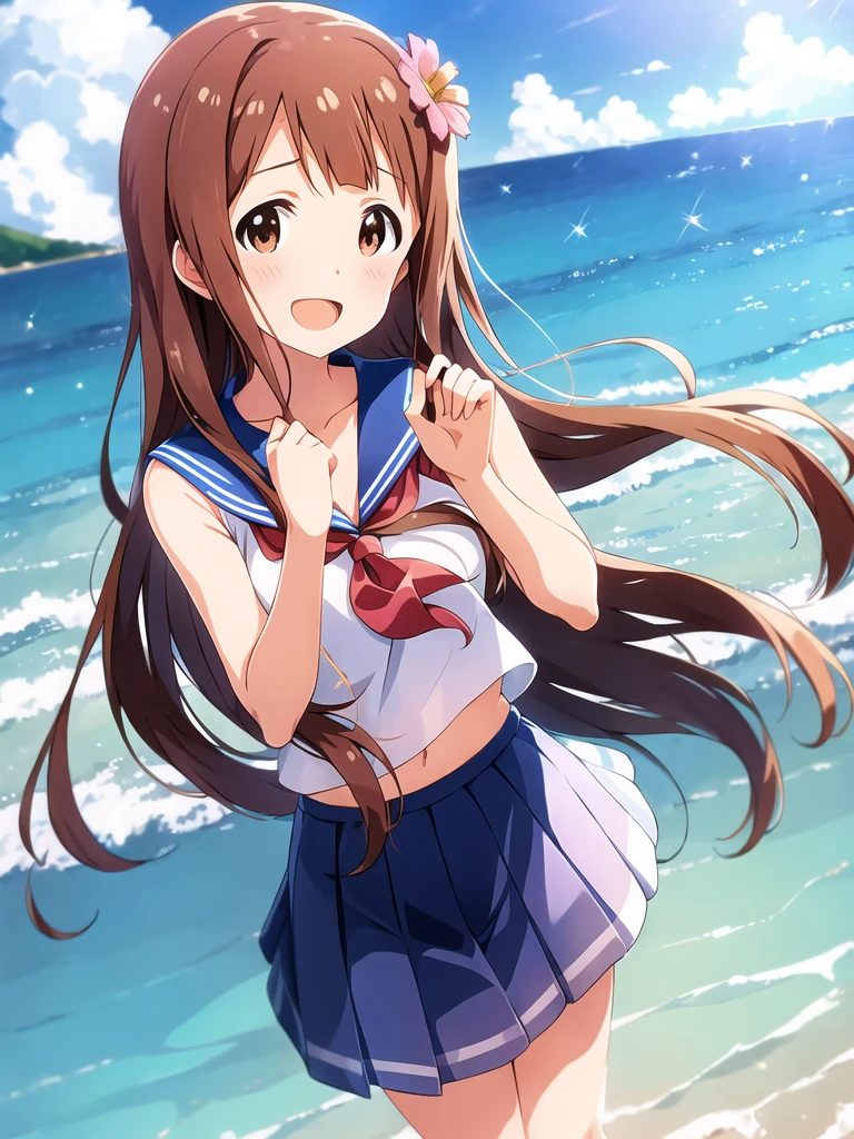 kotoha tanaka (million live), (best quality, 8K, masterpiece, ultra detailed:1.2), dynamic pose, cinematic angle, light particles, sparkle, beautiful detailed eyes, shiny skin, shiny hair,
sea, day, dappled sunlight, blue sky, beautiful clouds, beach,
mermaid, mermaid tail below waistline, 1girl, solo, skirt, smile, cute, happy, open mouth, sailor collar, :d, , serafuku, collarbone, hair flower, looking at viewer, upper body