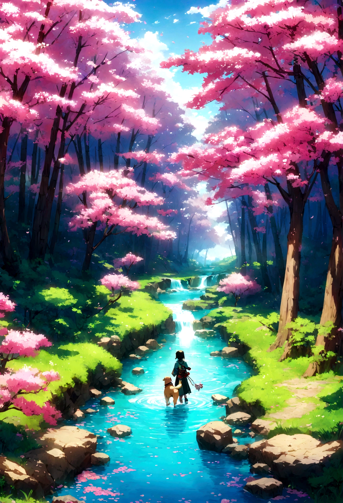 colorful, Artistic, 2D Anime, Japan, nature, dog, RPG, adventure, Fantasy, landscape, cherry blossoms, bamboo forest, river, magic, Charm