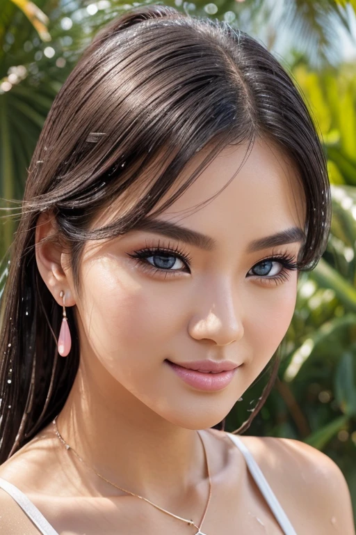 1 girl, Korean model, extremely beautiful, perfect body, tank top, jeans, necklace, earrings, bracelet, masterpiece, 8K, lifelike. Glossy pink lips, pink eyeshadow, eyelashes, blush, cosmetics, bright white skin, detailed pores, shiny skin, shiny skin. Her hair is pink, long and smooth, blowing in the wind ((floating)) under the bright sunlight. Close-up photo of the girl, sharp and highest contrast. Bright smile, pure white teeth and details. Blue eyes, seductive, ((sharp makeup)), realistic, ((wet eyes)), detailed, pink eyeshadow. Two delicate eyelids, perfectly beautiful and detailed, black eyelashes. Eyebrows are curved, sparse, sharp and detailed. Beautiful and perfect face, holy, perfectly proportioned, beautiful in every detail, ((shiny)), high-end cosmetic makeup. High and detailed nose. Blush, prominent and detailed cheekbones.