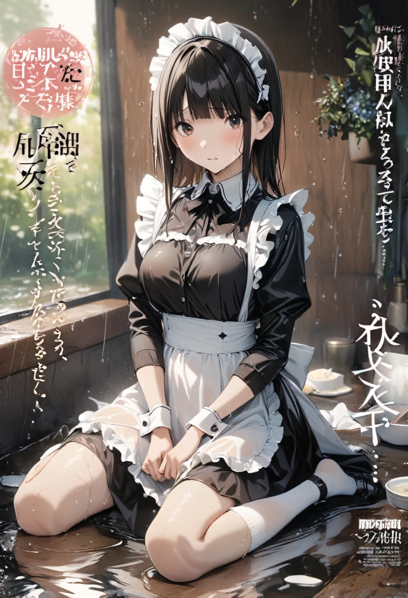 Magazine cover(masterpiece, best quality:1.2),Maid,(((The eyes are delicate)))Wet body((Wet maid clothes))Socks,Wet floor,rain(8K)(HD)