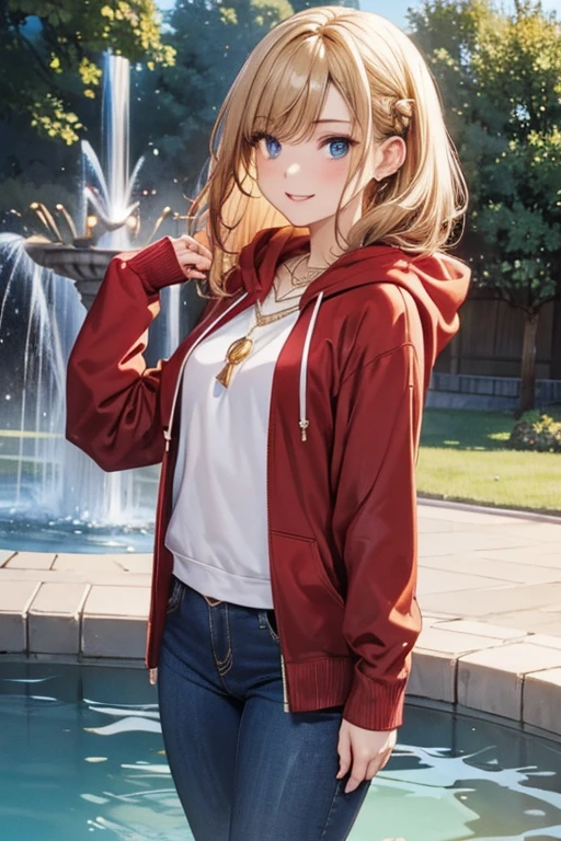 #Basics Girl posing for a photo, animeのかわいい女の子, (((One Girl, Baby Face, 16 years old))), 
BREAK 

#Clothing Accessories
((Red thick hoodie, Black damaged jeans, sneakers)), ((Gold Necklace, Gold Necklace)),  
BREAK 

#Features
(Blonde, Slicked Back Bangs, Very long back hair, Wavy back hair, Back hair fluttering in the wind, Curly hair), 
(Droopy eyes,blue eyes), 
(Small breasts), 
BREAK 

#expression
(Wicked Smile), 

#background environment
((noon, Sunlit park, Water splashes from the fountain)), 
#composition
(Walking, One hand behind the head), (Cowboy Shot:1.4), 
BREAK 

#Body parts elements
(Beautiful Hair,Shiny Hair), 
(double eyelid, Long eyelashes), 
(Expression of fine eyes, Beautiful and delicate eyes, Sparkling eyes, Eye Reflexes), 
(Beautiful Nose, Thin Nose), 
(Glossy lips, Beautiful Lips, Thick lips), (Symmetrical facial features), 
(Detailed skin, Textured skin, Beautiful Skin), 
BREAK 

#Quality
(((highest quality)), ((masterpiece)), ((Very detailed))), 
((High resolution), (16k,1080p)), 
(Realistic), (Anatomically correct), 
((comics, anime)), (3DCG), CG illustration,
