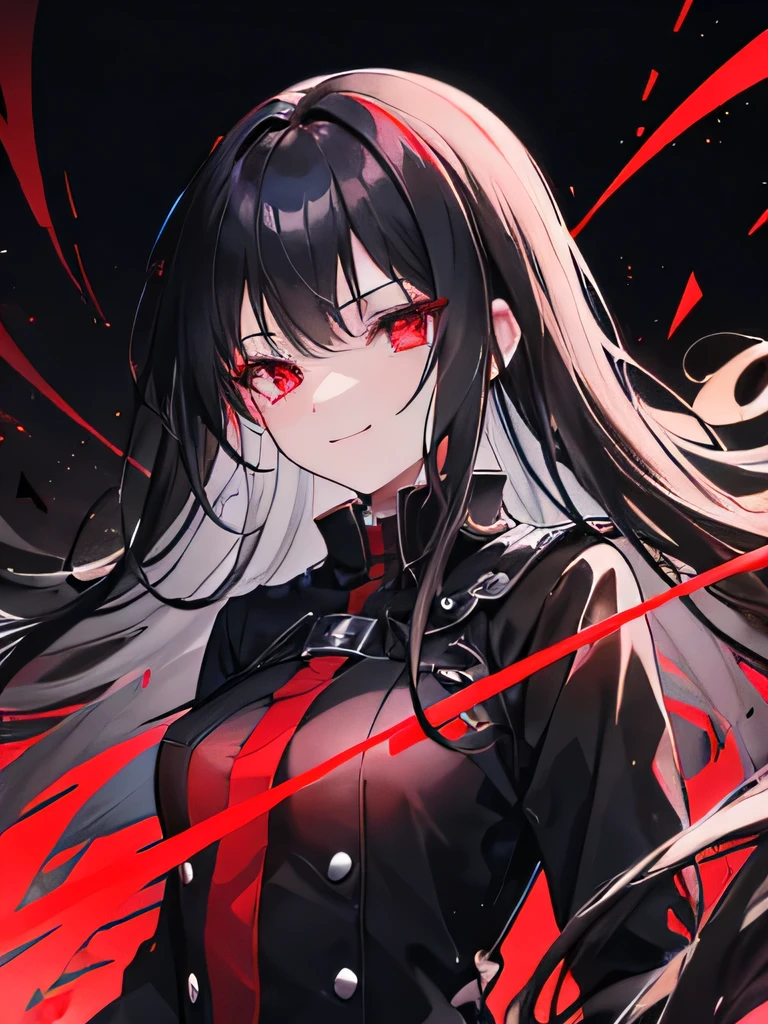 girl, red eyes, long black hair, sadistic girl, black uniform, sadistic smile. background in town