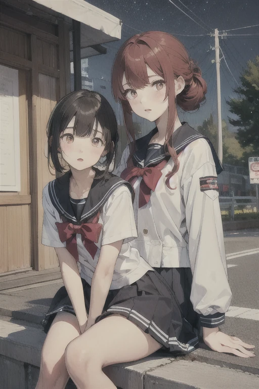 Two Girls, Redhead, Updo, Facial hair stripes, Red eyes, skirt, Sagging under the eyes, Sitting, Impact, 8k, masterpiece,Pants that look like they can be seen、uniform、student、Sailor suit、Night Road