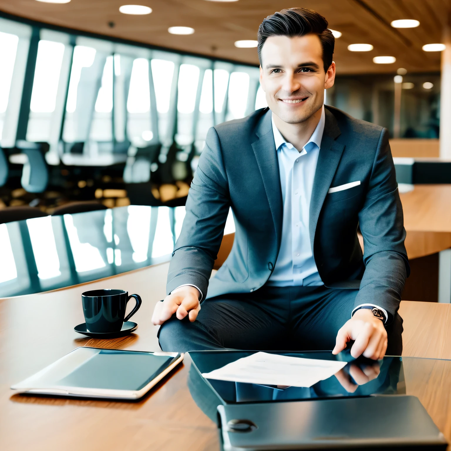 banking financial professional employee sitting in a modern corporate headoffice wearing a nice suit