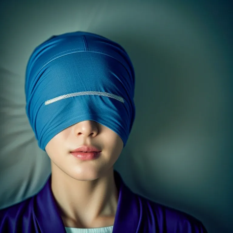 masterpiece, La mejor calidad,  foto cinematográfica de una joven ídolo coreana calva del K-pop con la cabeza rapada, gorro de dormir que cubre la cabeza , orejas, y ojos,  gorro de dormir que cubre los ojos como una venda ,  gorro de dormir encapuchado sobre los ojos como una venda en los ojos , fotografía, película, highres