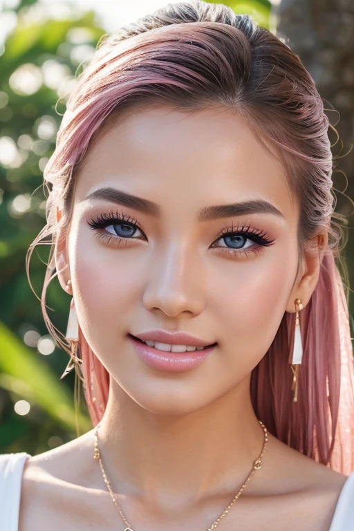 1 girl, Korean model, extremely beautiful, perfect body, tank top, jeans, necklace, earrings, bracelet, masterpiece, 8K, lifelike. Glossy pink lips, pink eyeshadow, eyelashes, blush, cosmetics, bright white skin, detailed pores, shiny skin, shiny skin. Her hair is pink, long and smooth, blowing in the wind ((floating)) under the bright sunlight. Close-up photo of the girl, sharp and highest contrast. Bright smile, pure white teeth and details. Seductive lips, glossy pink lips. Blue eyes, seductive, ((sharp makeup)), realistic, ((wet eyes)), detailed, pink eyeshadow. Two delicate eyelids, perfectly beautiful and detailed, black eyelashes. Eyebrows are curved, sparse, sharp and detailed. Beautiful and perfect face, holy, perfectly proportioned, beautiful in every detail, ((shiny)), high-end cosmetic makeup. High and detailed nose. Blush, prominent and detailed cheekbones.