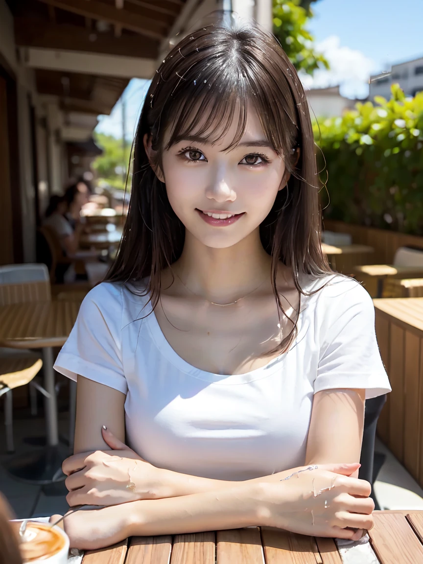 ((highest quality)), ((masterpiece)), (detailed), (reality: 1.4), Japanese Beauty, One Girl, Perfect balance, cute, ((18-year-old female:1.2)), Young and adorable Japanese face, (masterpiece:1.0), (highest quality:1.0), 4K, 非常にdetailed, photo shoot, 8k, High resolution, Kodak Portrait 400, Film Grain, Lens flare brilliance, Portrait Shot, ((Keep your bangs down)), Very fine grain definition, (Symmetrical eyes:1.3), smile, Lift the corners of your mouth, White teeth, Looking up, Wet Hair, Glossy hair, T-Shirts, I have a protruding belly, Sitting, Chest pressed together, Arms crossed, Cafe Terrace, Terrace seats, nature, bench, Drink a frappuccino