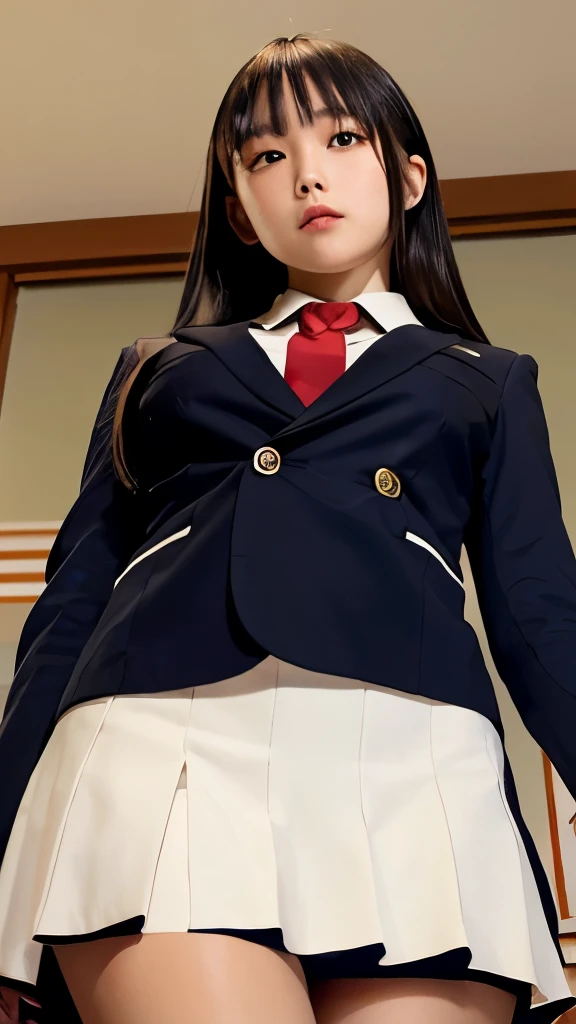 Tabletop, highest quality, 1 high school girl, Japanese, Blue Blazer Uniform, Check skirt, Black-haired, Long Bob, (beautiful girl:1.3), (flesh young:1.2), cute red ribbon on chest, Very fine grain definition, (Symmetrical eyes:1.3), tight, Iris, Parted bangs, Upper teeth,((((From below)))),In the classroom