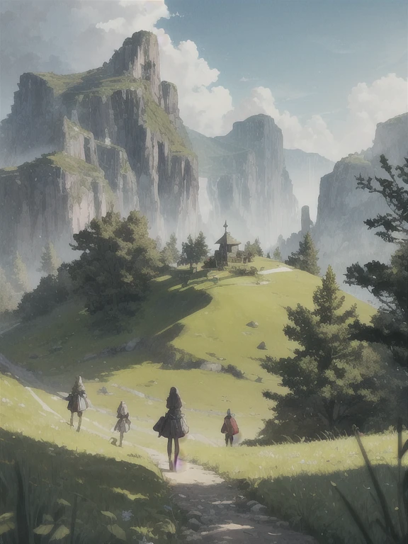 A girl is standing on the green grass,Leading a group of knights.
BREAK With a brave expression, She guides them to their destination.
BREAK Behind her, A green forest stretches into the distance, Mountains rise in the distance.
BREAK The best effect for this scene is the watercolor technique,to capture the softness of grass and the smoothness of movement.
