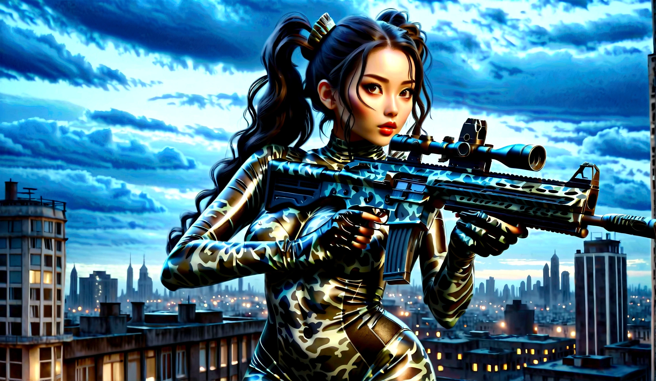 Beautiful Asian woman, large breasts, black hair slicked back in a two-bun hairstyle, wearing a (night camo:1.4) latex bodysuit and (night camo makeu:1.4), holding an assault rifle, on the roof of a high-rise building, against a night cityscape, dark background, full body portrait, master of calligraphy, immortal, (highest quality, 4k, 8k, high resolution, masterpiece: 1.2), ultra-detailed, (realistic, photorealistic, photorealistic: 1.37), HDR, studio lighting, extremely detailed, vibrant colors, cinematic lighting