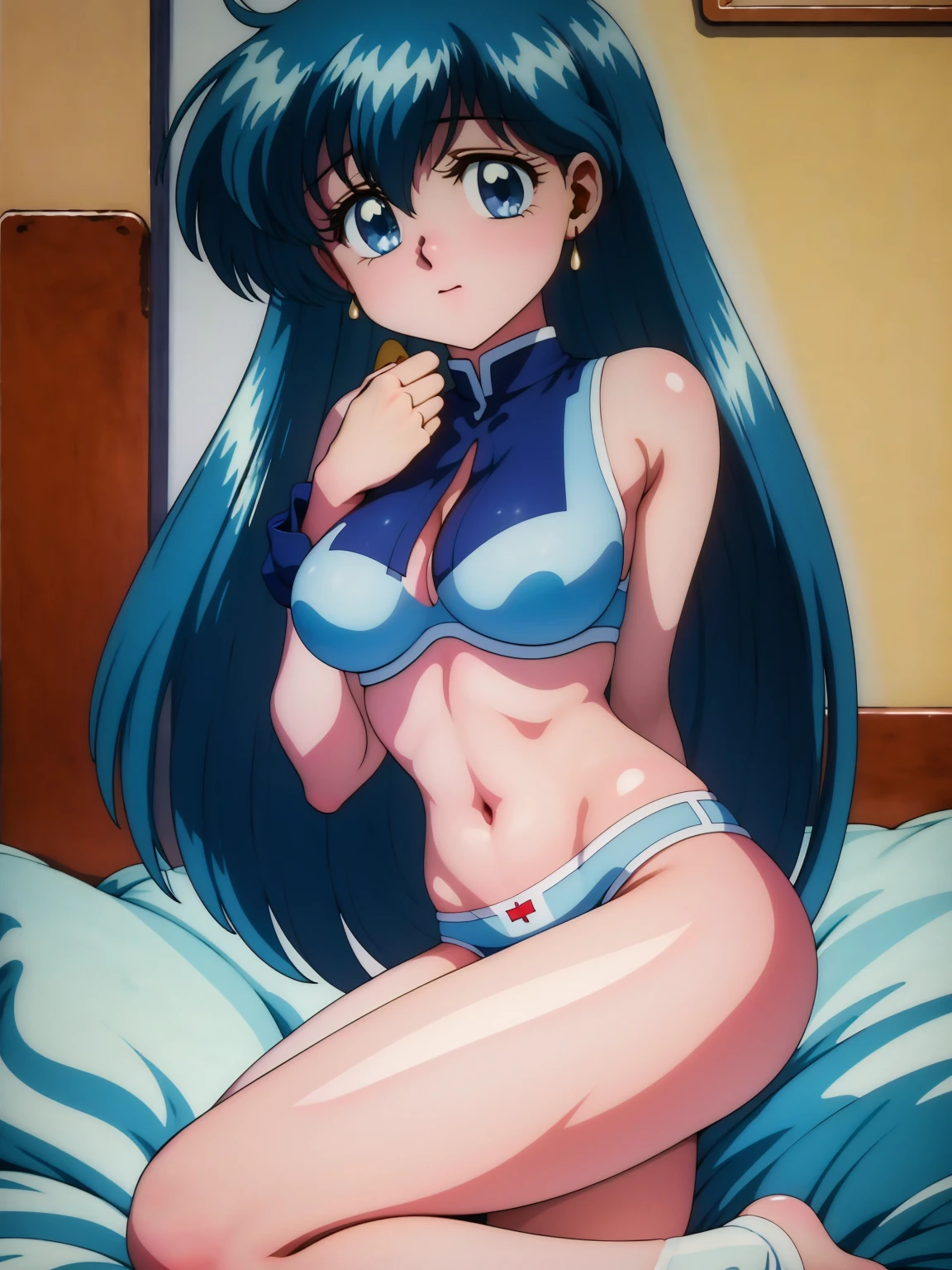 (masterpiece, highest quality:1.2), Tiangong Gui ,1 girl, Lonely,Subtle blue hair color, White underwear, Panty shot