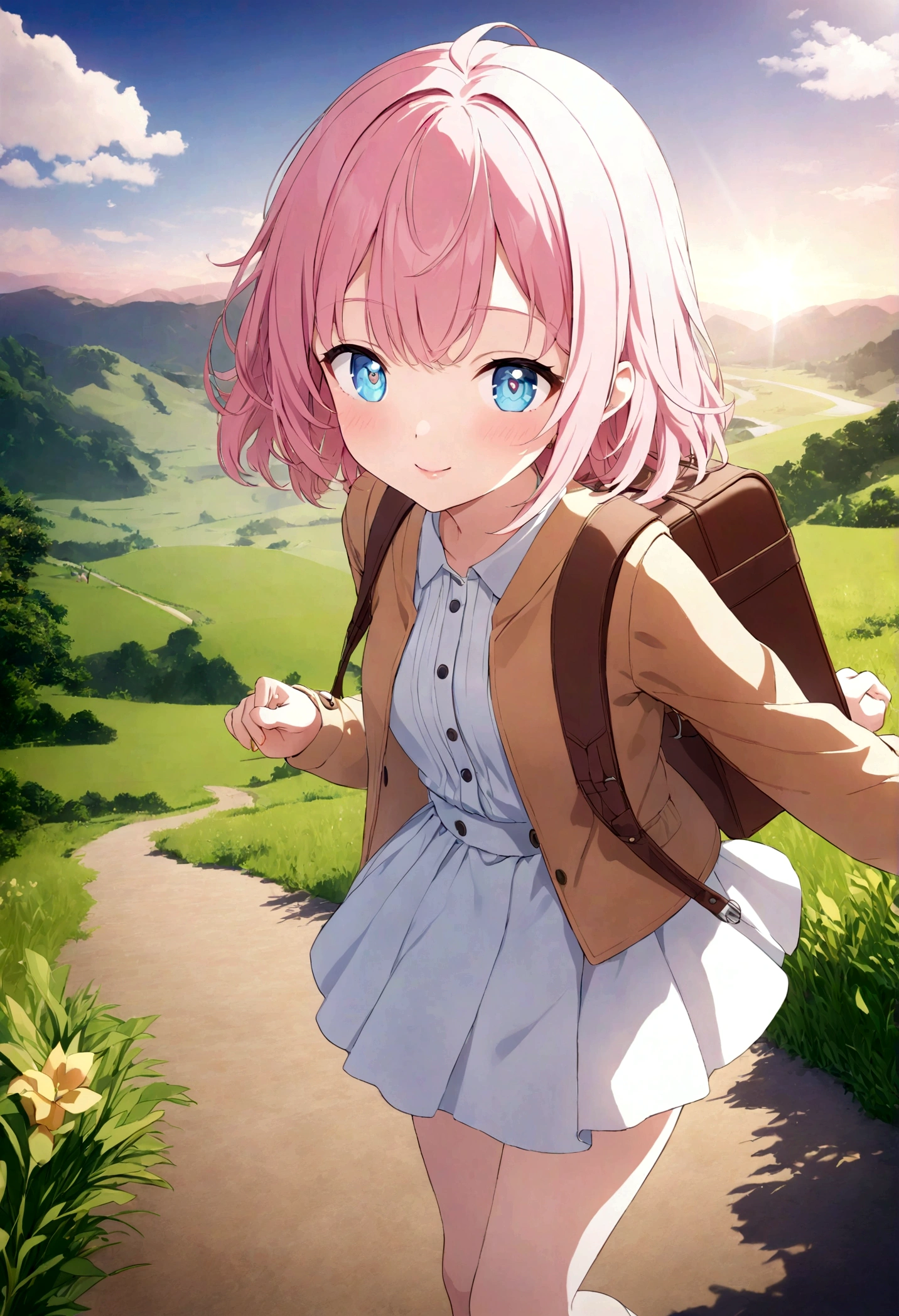 Stable Diffusion prompt: anime female girl traveler,illustration or 3D rendering,adventurous spirit,cute detailed eyes and face,vibrant colors,soft lighting,best quality,HD,content smile,journey,suitcase,pink hair,bow,exploring,beautiful detailed lips,stylish clothes,wandering in a scenic landscape,fantasy elements,,expressive pose,close up picture of the face, focus on face, sunset palette,peaceful atmosphere,natural beauty,mystical charm,sparkling eyes,travel diary,open road,positive energy,curious gaze,lively personality,excitement,inspiring textures,sunlit path,magical moments,blissful enjoyment,dreamlike aura. (Please do not include the "Stable Diffusion prompt:" part when using the prompt)