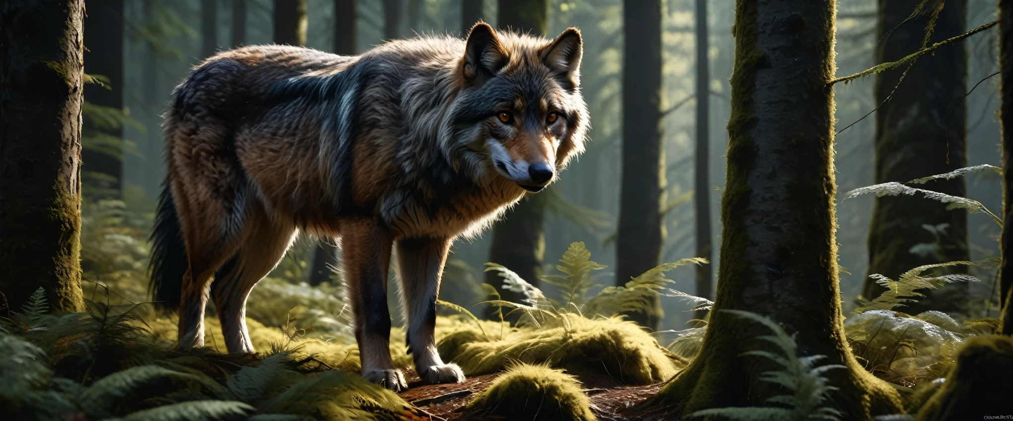 Wolf in the forest, detailed scene, realistic, photorealistic, (best quality, 4k, 8k, highres, masterpiece:1.2), ultra detailed, (realistic, photorealistic, photorealistic:1.37), digital painting, oil painting, dramatic lighting, moody atmosphere, intense look, sharpness, intricate fur textures, wool textures, hidden predatory nature, film composition