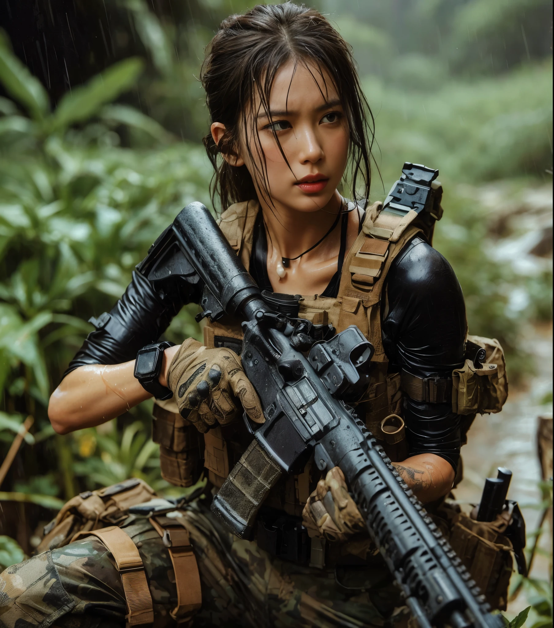 8k,Realistic Photo、Realistic Skin Texture、Superrealism、Japanese women in the US Special Forces、jungle、、rifle、、Hold your gun and be on guard、Tension、Sense of urgency、after the rain、Bulletproof vest、Watch on left arm、Sticks to the skin when moistＴshirt、Military Pants、jungleブーツ、Tattoo、humidity、Dynamic pose、Impact、explosion、Bombing nearby、Grass and mud fly off along with the smoke from the explosion.、Coming under attack，The counterattack begins、Deadly Combat