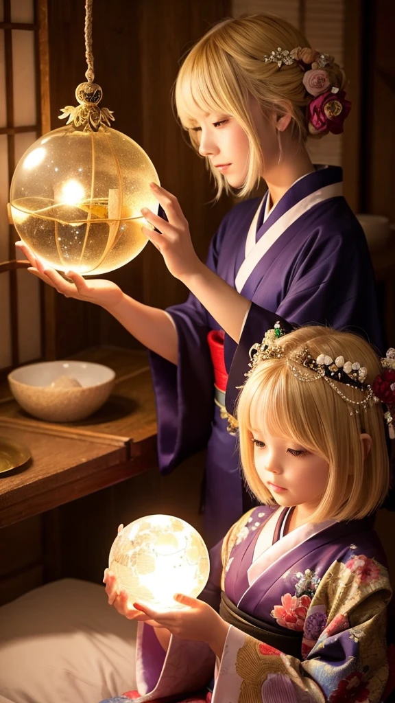 goddess､kimono､Bob Hair､Blonde､universe､Cute Girls､Holding a crystal ball､mysterious