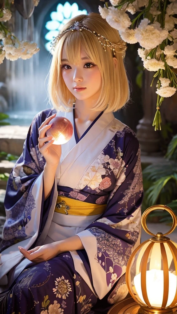 goddess、kimono、Bob Hair、Blonde、universe、Cute Girls、Holding a crystal ball、mysterious