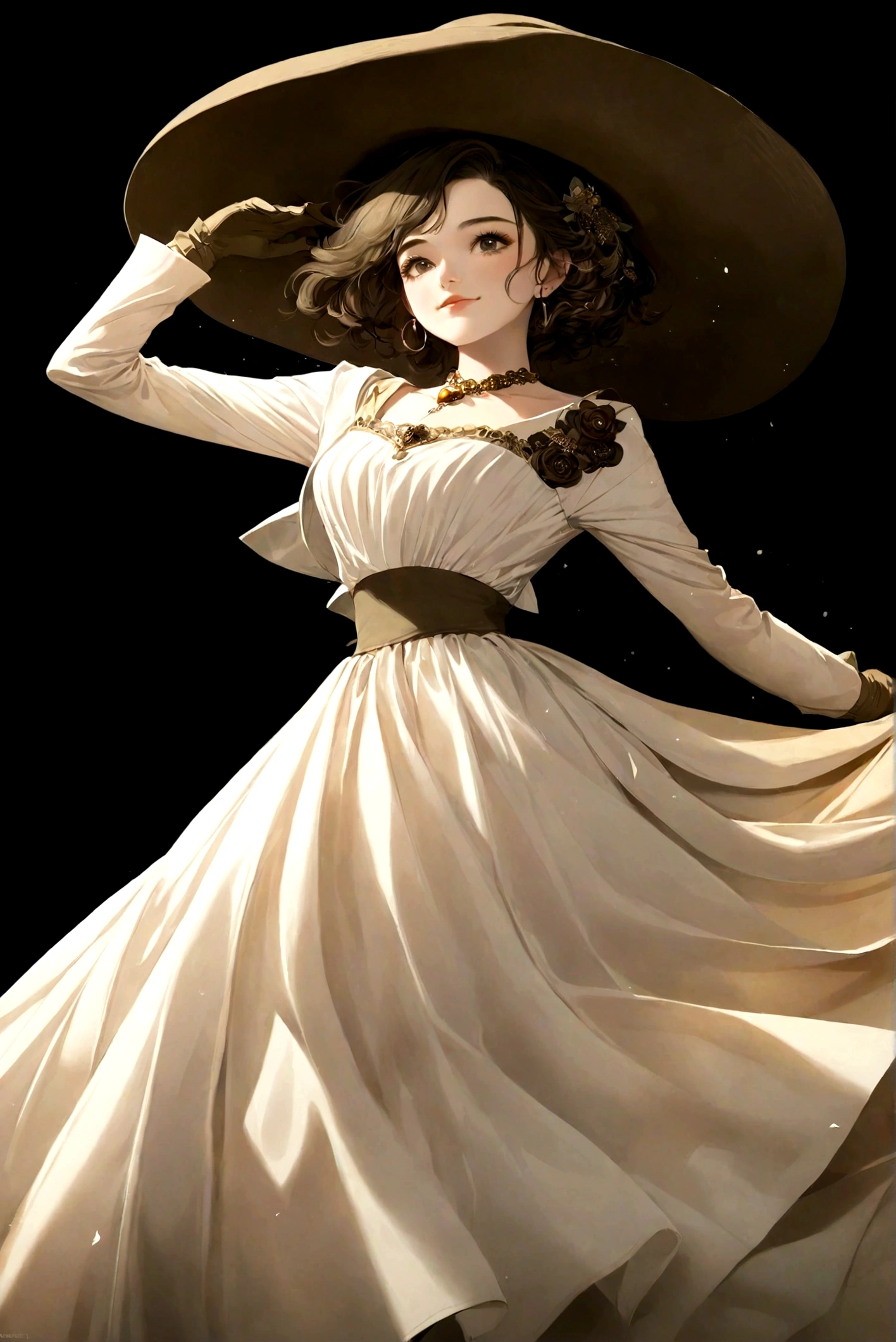 1 Girl,White Dress,Big gray hat,Grey gloves,Jewelry,solo,Simple background