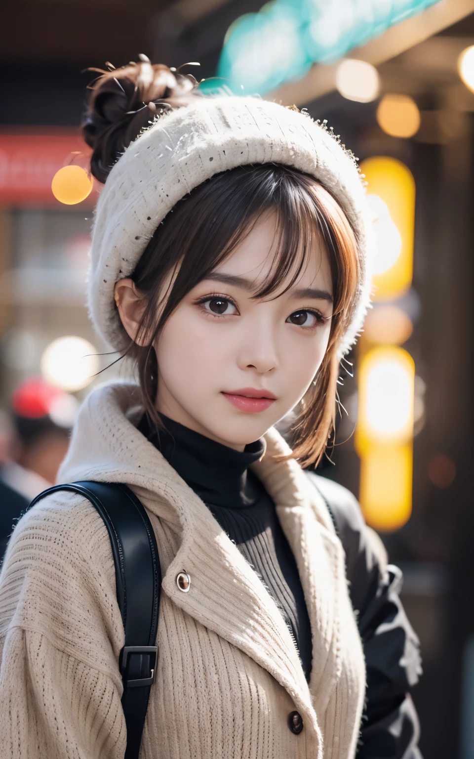cute 21 year old japanese、Karaoke Box、Sing karaoke、Microphone in hand、super detail face、pay attention to details、double eyelid、beautiful thin nose、sharp focus:1.2、Beautiful woman:1.4、(light brown hair,short hair、),pure white skin、highest quality、masterpiece、ultra high resolution、(Photoreal:1.4)、Highly detailed and professional lighting、nice smile、Show the whole body、Cute winter clothes、