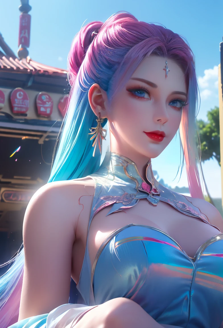 (masterpiece), (((best quality)), (Super detailed), 1 girl, (Rainbow Hair, Colorful hair, Half blue half pink hair: 1.2), , (yukexista: 1.2), outdoor, Bangs, Smile, Sky blue eyes, Perfect hands, Perfect hands, Card Details, Correction of fingers. earrings, Nightclub + background, Watching_exist_Viewer, Cowboy shooting, Top quality, Rich details, Perfect image quality,