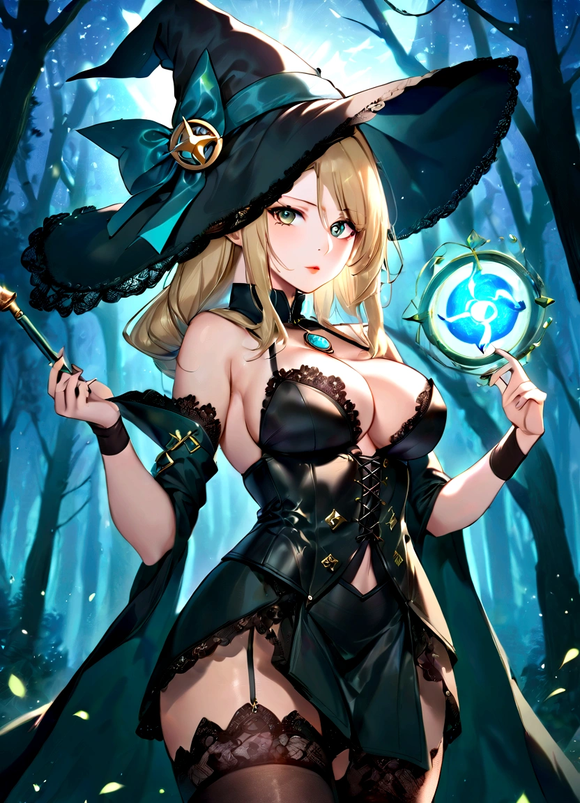 Create an image of Tsunade from the Naruto series dressed in a seductive witch cosplay. Her outfit should accentuate her alluring body and showcase her beauty. Tsunade has a distinctive structure with high cheekbones, sharp almond-shaped eyes, and full lips. Her golden hair is long and straight, cascading down her back and framing her striking face. She has a diamond-shaped mark on her forehead, which is a key feature of her appearance.
The witch costume includes a plunging neckline to highlight her ample cleavage, with intricate lace detailing around the edges for an elegant touch. She wears a form-fitting corset that cinches at her waist, emphasizing her hourglass figure and toned abs, paired with a short, tattered skirt that flares out to reveal her long, shapely legs. Thigh-high stockings with lace trim and stiletto boots complete the look.
A pointed witch's hat adorned with mystical symbols and a flowing ribbon sits atop her head. She holds a glowing wand in one hand and a spellbook in the other, both emitting an eerie, magical light. The background is a moonlit forest, with shadows dancing and an atmosphere thick with enchantment, highlighting her commanding and seductive presence. This image should capture Tsunade's fierce strength and undeniable allure.