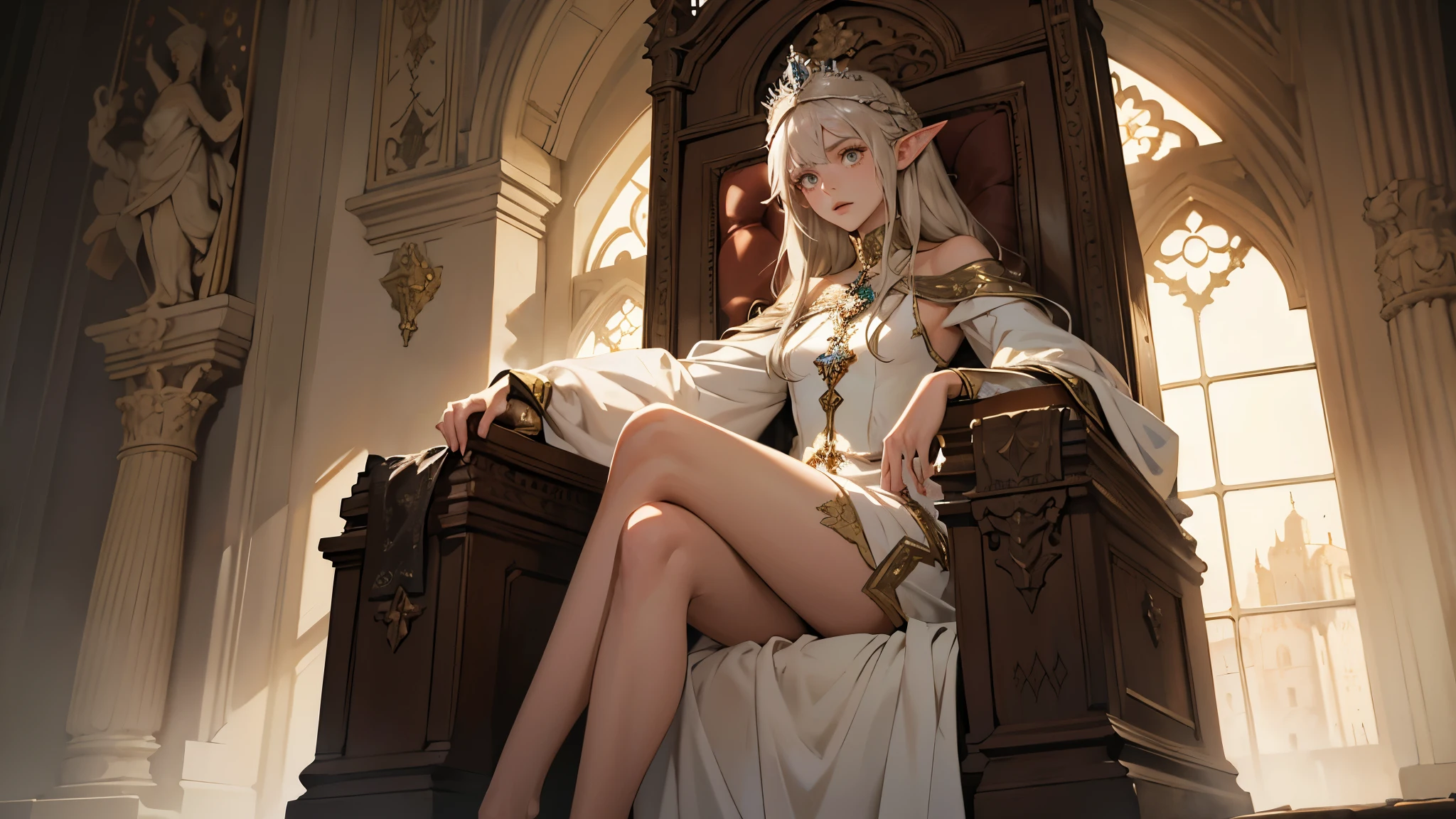 masterpiece, ultra detailed, 8K Portrait, Raw photo, a portrait photo of girl, Highly detailed face, beautiful and meticulous eyes, ((Fantasy)), (elf:1.0), 1woman, 30 year old, gray long hair, brown eyes, melancholy expression, tiara, skinny, (ultra lightly one-piece dress), hooded long white coat Fluttering in the wind, ((bare foots)), Midday Sun, Hyper realistic, in a medieval castle in the sky, sitting on the throne, Ambient lighting, Shadow details , strong breeze, Light fog