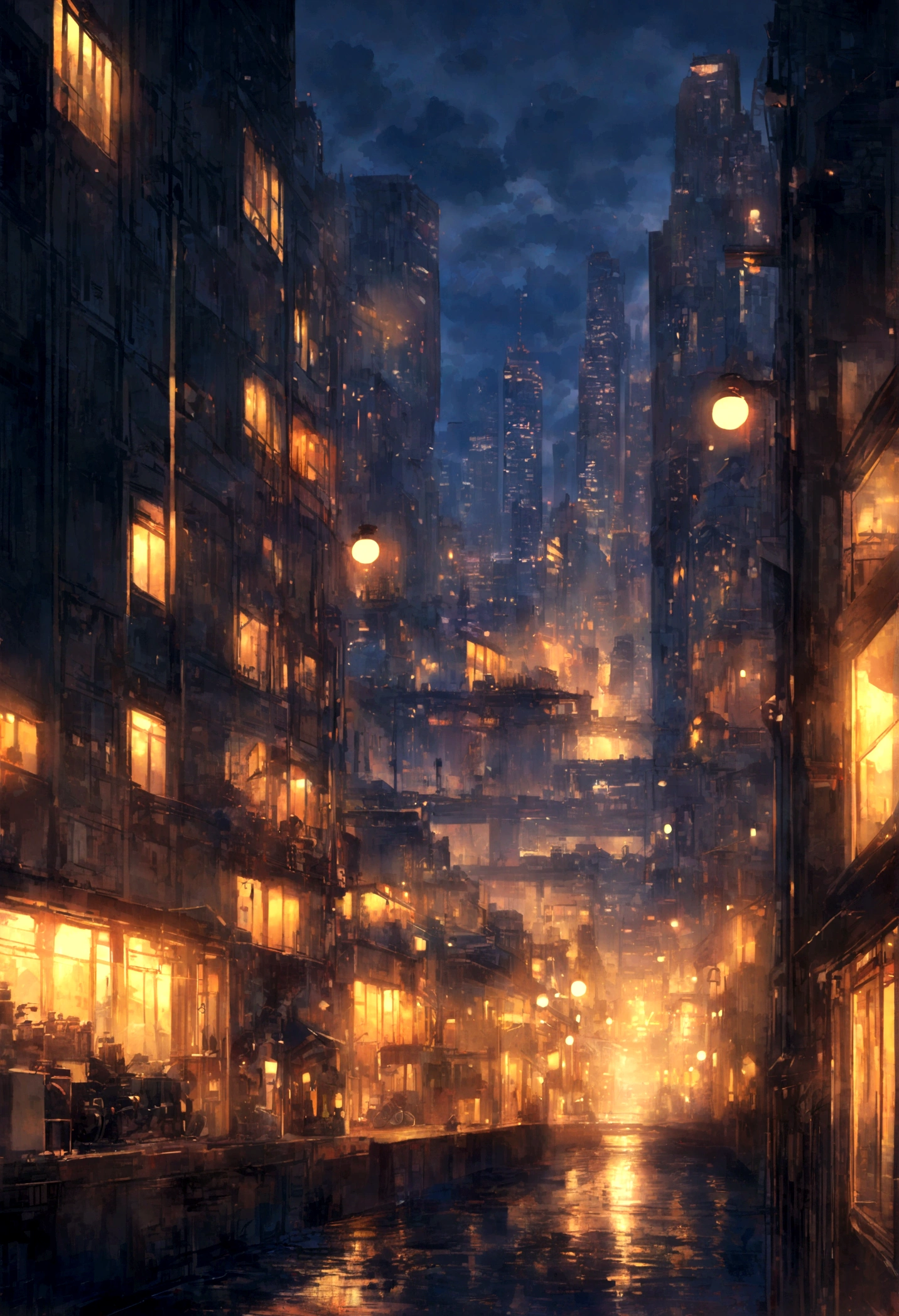 night city, Tall skyscrapers, Bright windows, Street lamps, distant view, Sateen, Yellow light of street lamps, quay, machinery,