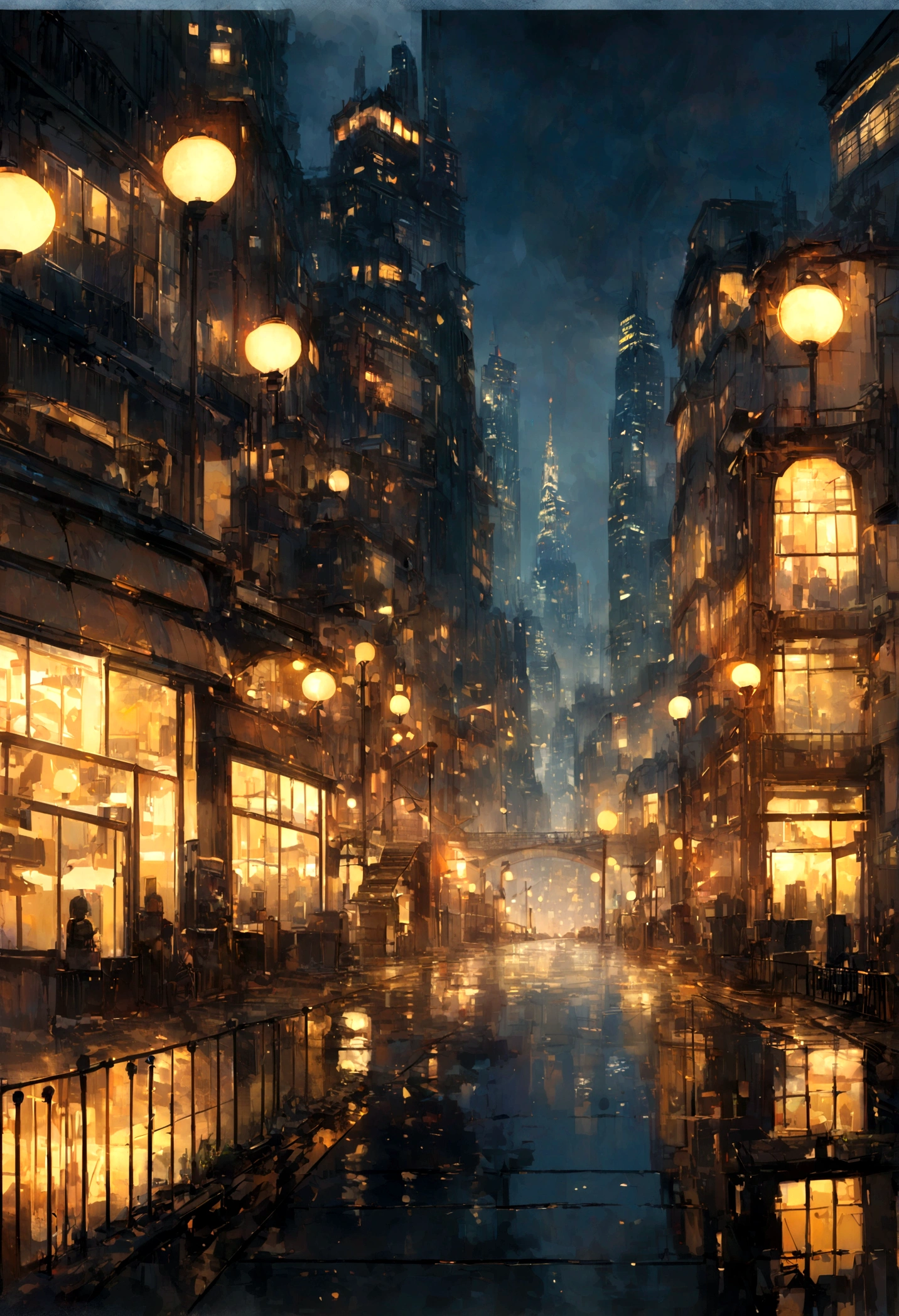 night city, Tall skyscrapers, Bright windows, Street lamps, distant view, Sateen, Yellow light of street lamps, quay, machinery,