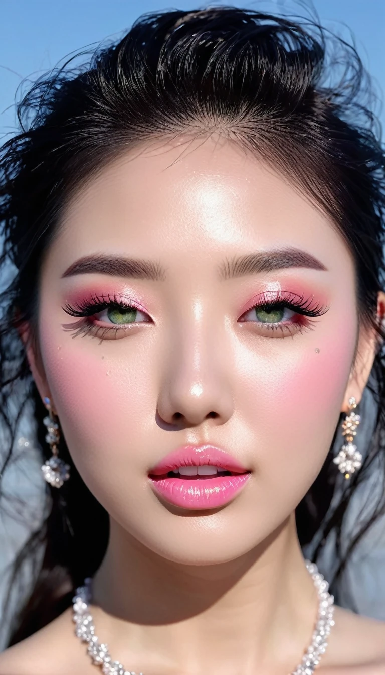 1 girl, Korean model, extremely beautiful, perfect body, tank top, jeans, necklace, earrings, bracelet, masterpiece, 8K, lifelike. Glossy pink lips, pink eyeshadow, eyelashes, blush, cosmetics, bright white skin, detailed pores, shiny skin, shiny skin. Her hair is pink, long and smooth, blowing in the wind ((floating)) under the bright sunlight. Close-up photo of the girl, sharp and highest contrast. Bright smile, pure white teeth and details. Seductive lips, glossy pink lips. Green eyes, seductive, ((sharp makeup)), realistic, ((wet eyes)), detailed, pink eyeshadow. Two delicate eyelids, perfectly beautiful and detailed, black eyelashes. Eyebrows are curved, sparse, sharp and detailed. Beautiful and perfect face, holy, perfectly proportioned, beautiful in every detail, ((shiny)), high-end cosmetic makeup. High and detailed nose. Blush, prominent and detailed cheekbones.