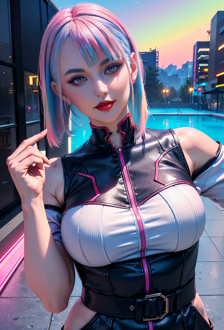 (masterpiece), (((best quality)), (Super detailed), 1 girl, (Rainbow Hair, Colorful hair, Half blue half pink hair: 1.2), 17 years old, (yukexista: 1.2), outdoor, Bangs, Smile, Sky blue eyes, Perfect hands, Perfect hands, Card Details, Correction of fingers. earrings, Nightclub + background, Watching_exist_Viewer, Cowboy shooting, Top quality, Rich details, Perfect image quality,Super texture, Unreal Engine rendering, Physically Based Rendering, Ultra high quality, 16K, 1080P.