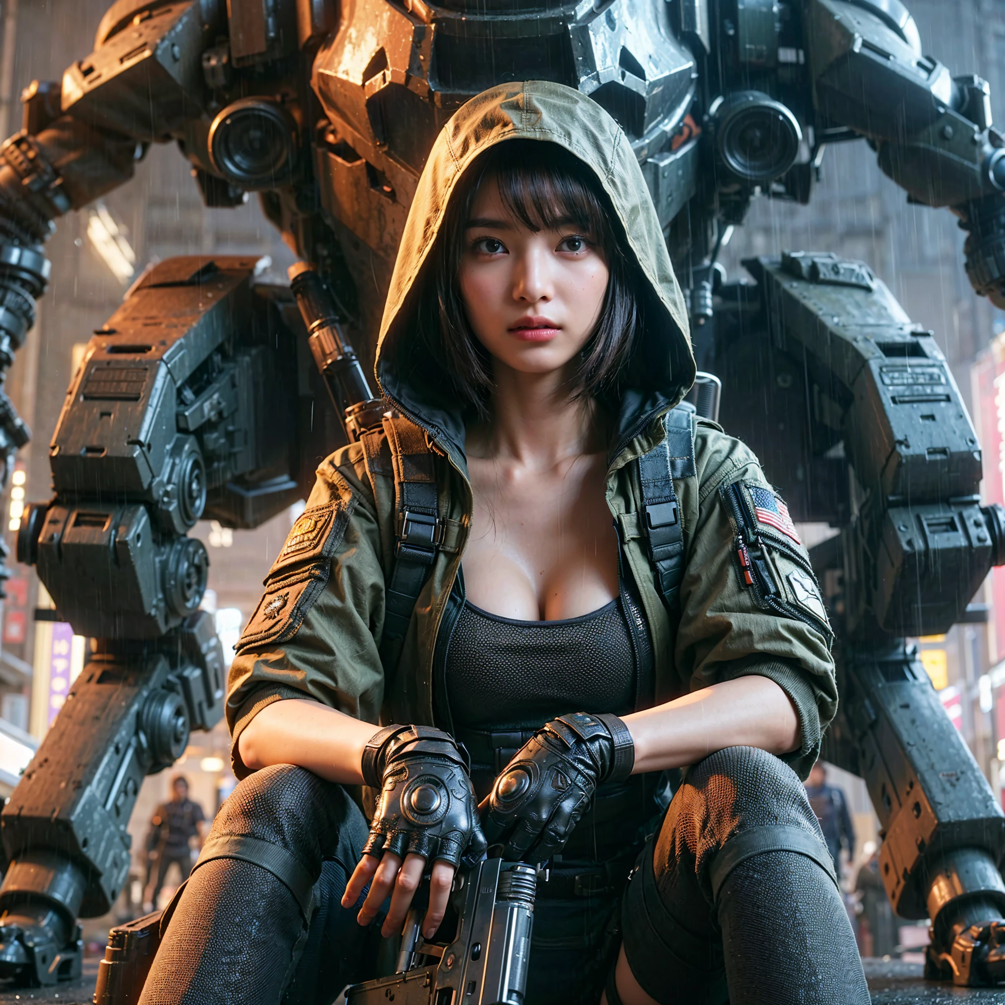 8k,Realistic Photo, Realistic Skin Texture, Superrealism, ultra high res,(Photorealsitic:1.4), female soldier, jungle, rain, vigilance, reconnaissance,
Peeling paint, rust, sweat, scratches, hydraulic cylinders, dynamic poses, (beautiful girl face),(turtle-like animal mechanical suit), heavy weapons, vivid textures, animal legs, ((super intricate all details))