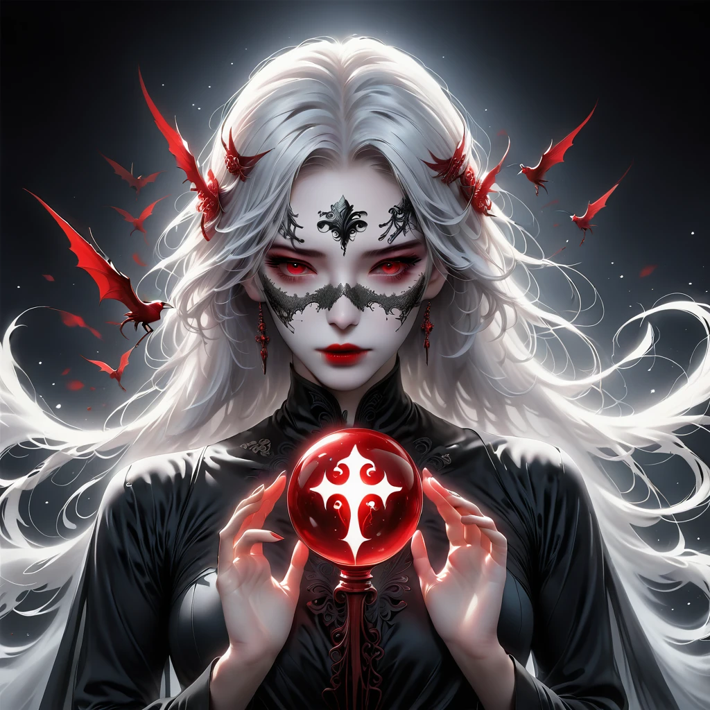 (Hand holding mask:1.5),(White-haired ghost,Straight Hair,Red Eyes),(Gothic art),(Fear:1.5),(Correct human anatomy:1.37)