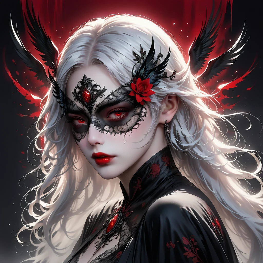 (Hand holding mask:1.5),(White-haired ghost,Straight Hair,Red Eyes),(Gothic art),(Fear:1.5),(Correct human anatomy:1.37)