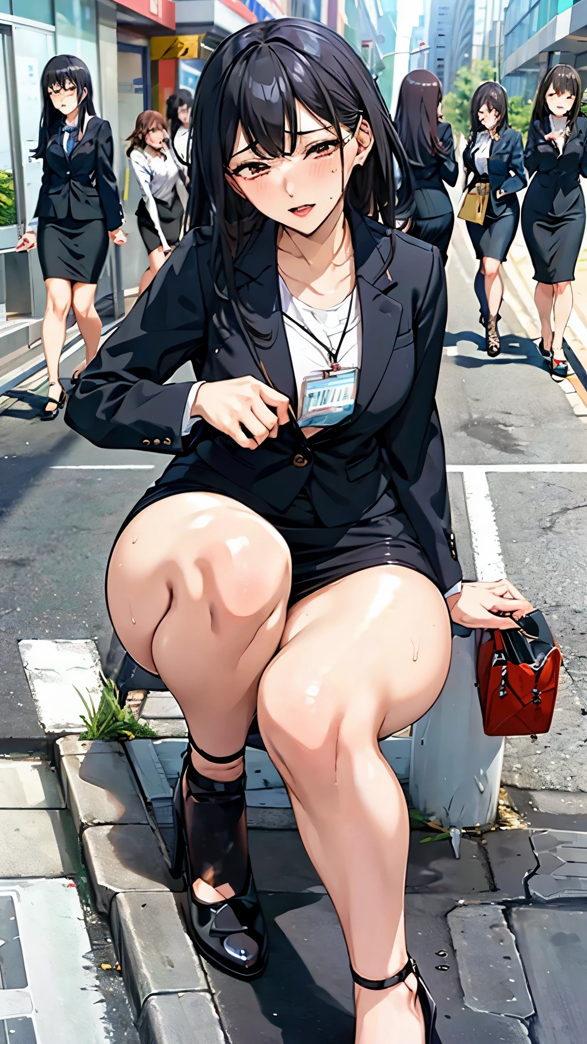 Published images:2.0,Company Receptionist,Leg spread,ID card,Sweat,Disheveled Hair,Job hunting suit:1.5,Ahegao,orgasm:1.5, Pencil Skirt,High heels,Group shot,Multiple women:1.5,fleshy thighs,,Attractive thighs,Dirty legs,One male