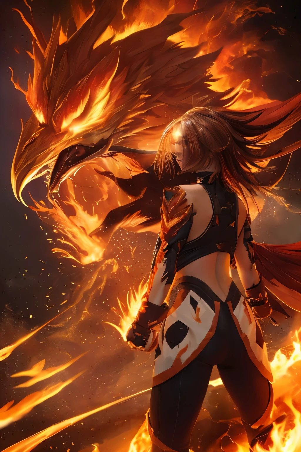 a cartoon image of a blaziken with a flames in her hairs and backs, fire type, sfw version, blaziken boxing hero, muscular werewolf, blazing infero, phoenix warrior, doing a hot majestic pose, fire!! full body, posing for a fight intricate, phoenix , blaziken hybrid animal,blaziken face, red eyes with yellow sclera, fire punch, sfw, yellow bird feet with 3 toes, digitigrade ,bird's toes claw,stable diffusion, isometric diffusion, hd, realistic, black blaziken hands, masterpiece, trending, by pixelsketcher:0.3, high detailed fire, breathtaking oil painted, 5 finger hands, cool colors,light from behind, muscular slim body, box ring location,thin wrists, blaziken mouth, more fire, dazzling flames,,swirling fire like tornado:0.4